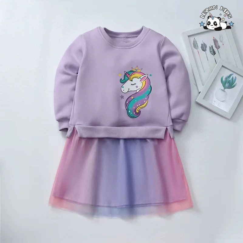 LEZONKIDS - Wholesale Autumn Long Sleeve Kids Dress Cute unicorn Sequin Patches Sweatshirt Tutu Girls Dress